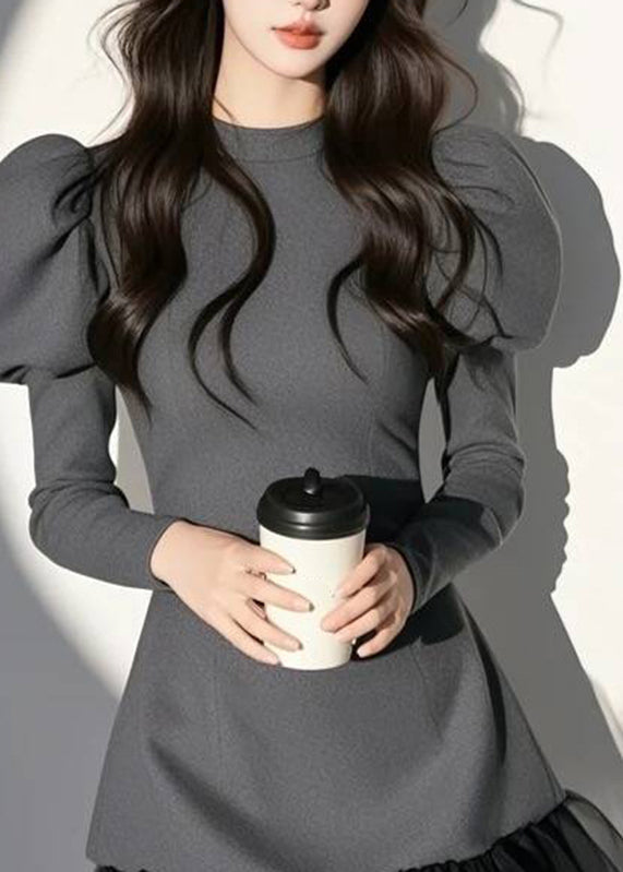Sexy Grey O-Neck Patchwork Mid Dress Puff Sleeve