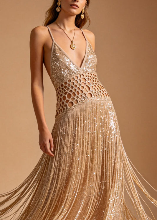Sexy Hollow Out Tassel Patchwork Cotton Spaghetti Strap Dress Summer
