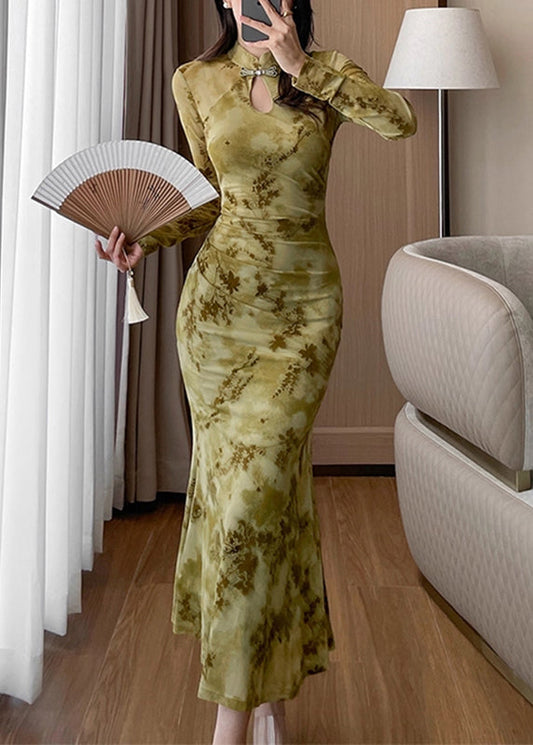 Sexy Purple Stand Collar Print Hollow Out Maxi Dress Fall