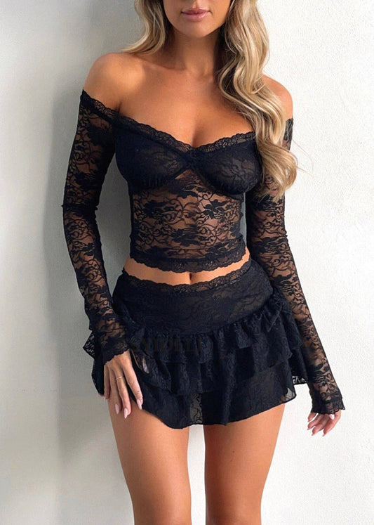 Sexy Red Cold Shoulder Patchwork Lace Top And Skirts Two Pieces Set Long Sleeve