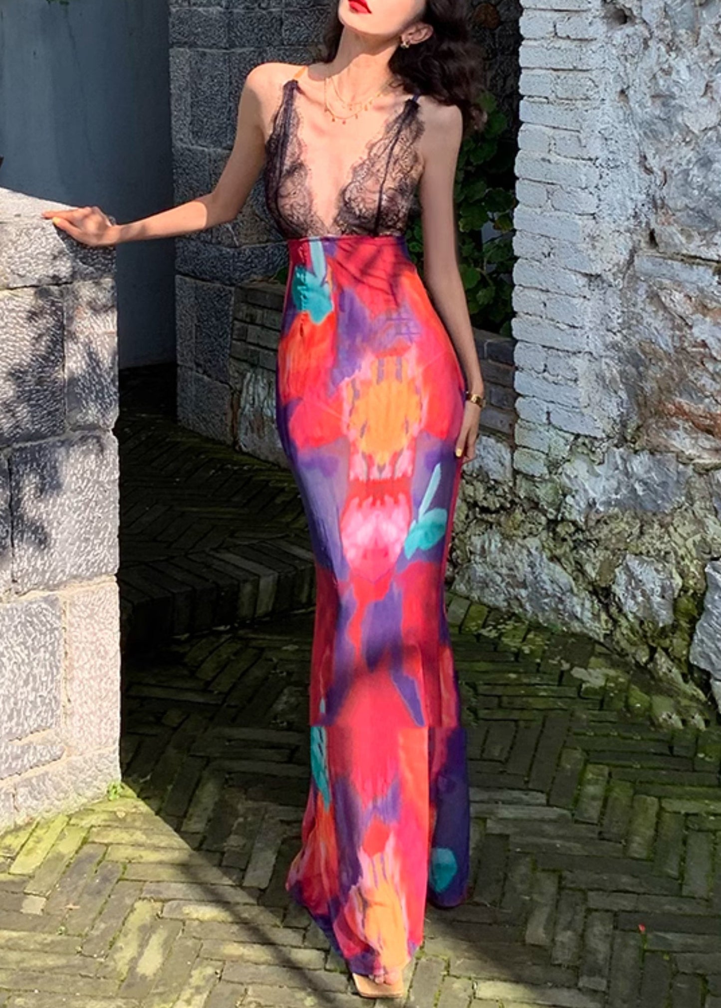 Sexy Red Lace Patchwork Long Spaghetti Strap Dress Summer