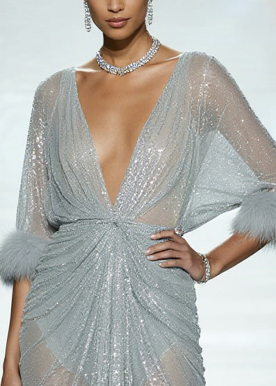 Sexy Sky Blue Sequins Patchwork Faux Fur Tulle Sheer Dress Summer