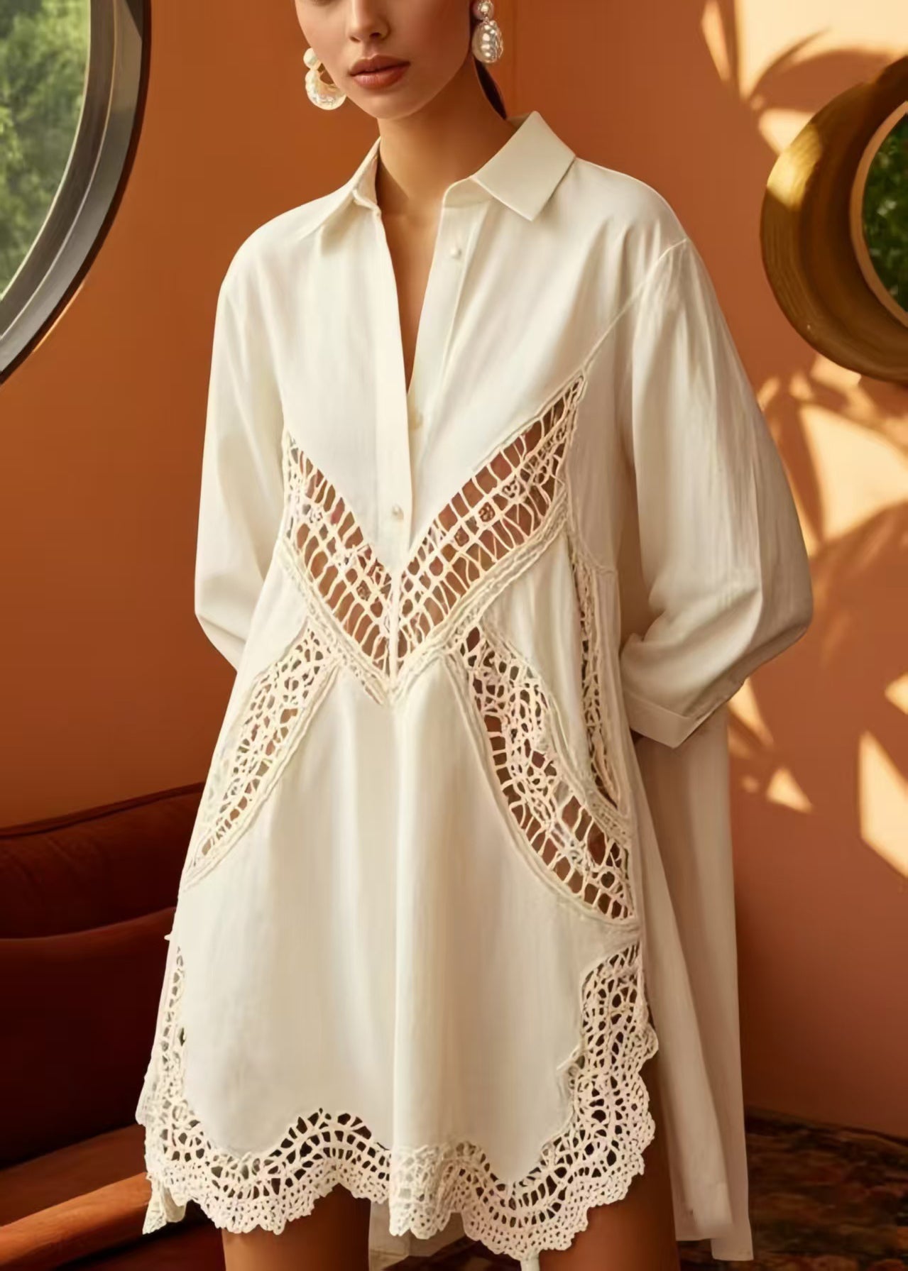 Sexy White Oversized Hollow Out Cotton Shirt Dress Spring
