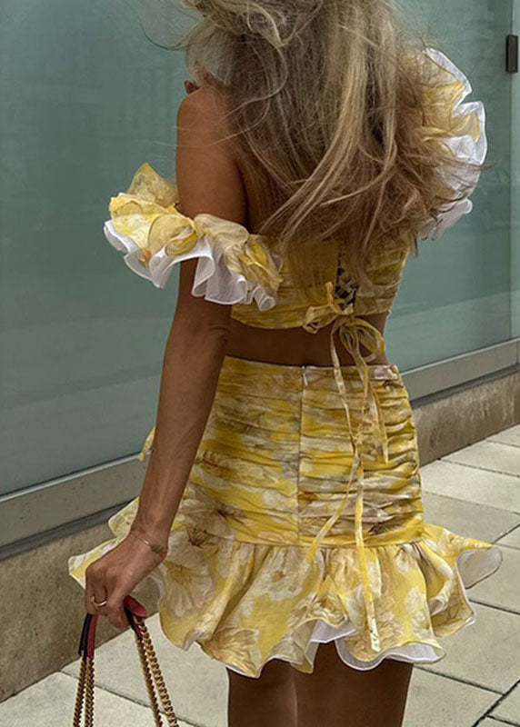 Sexy Yellow Cold Shoulder Print Wrinkled TubeTop And Skirts Two Piece Set Summer