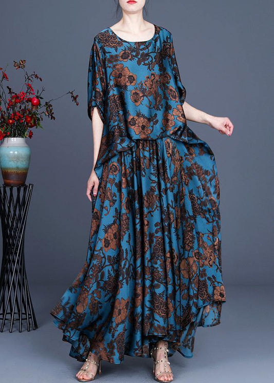 Silk floral irregular dress blue - SooLinen
