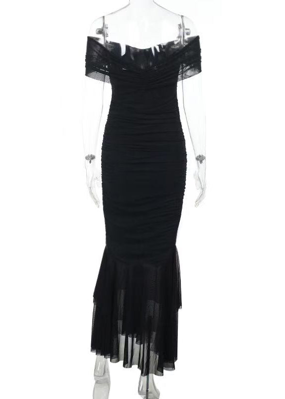 Silm Fit Black Strapless Wrinkled Party Dress Summer