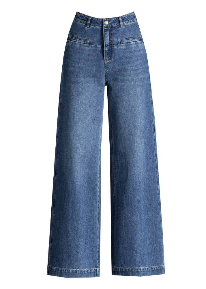 Silm Fit Blue High Waist Patchwork Denim Straight Pants Spring