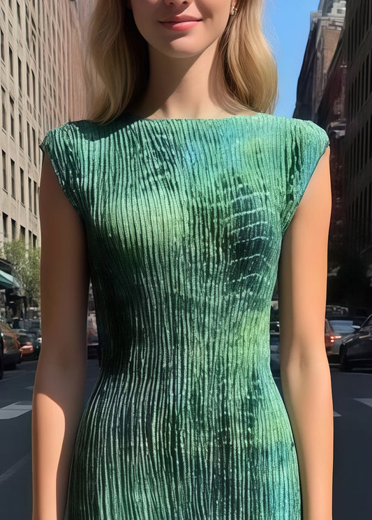 Silm Fit Green Tie Dye Wrinkled Silk Party Dresses Sleeveless