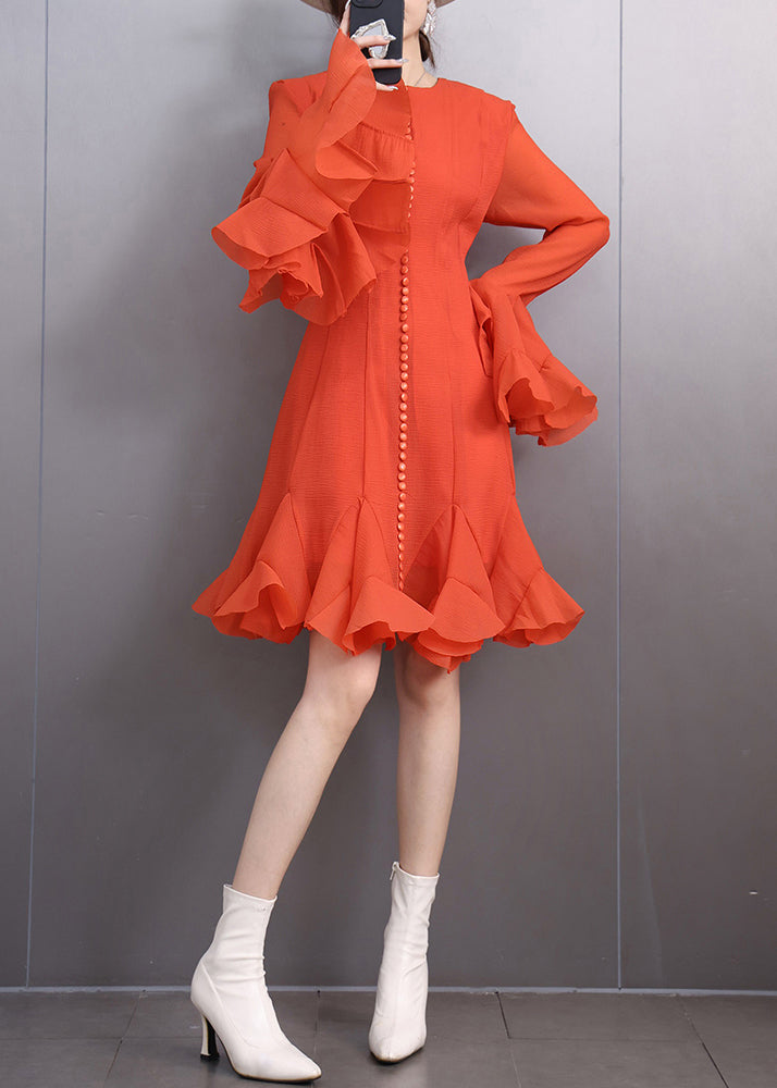 Silm Fit Orange Exra Large Hem Chiffon Party Dress Flare Sleeve