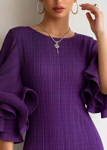 Silm Fit Purple O-Neck Patchwork Cotton Mini Dresses Petal Sleeve