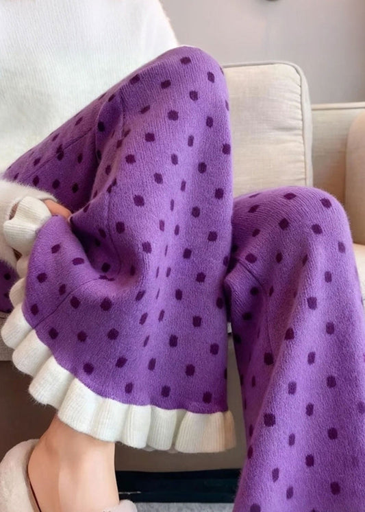Silm Fit Purple Ruffled Patchwork Knit Flared Pants Winter