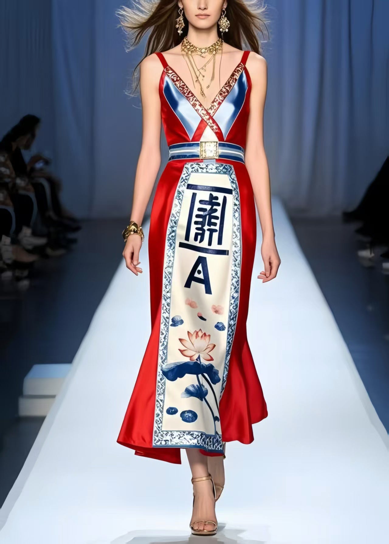 Silm Fit Red V Neck Print Silk Mini Dress Summer