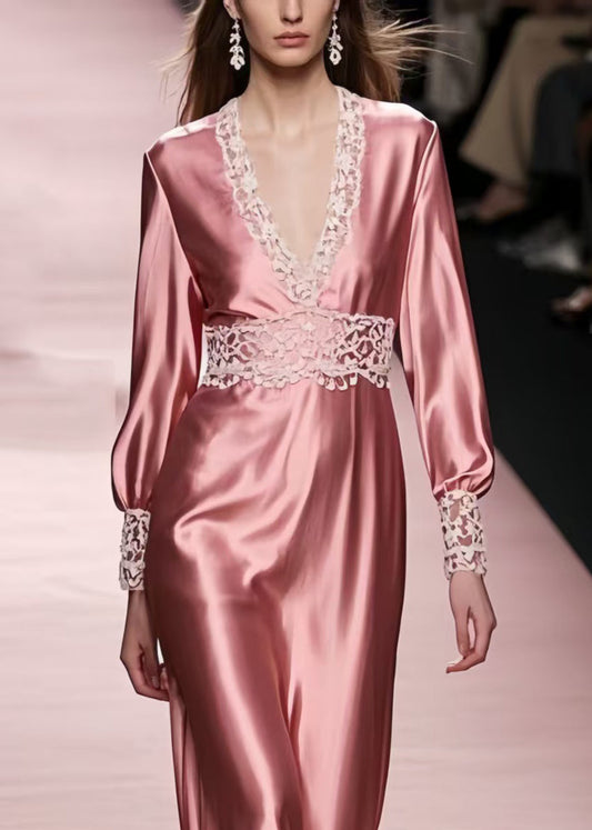 Silm Fit Rubber Red Lace Patchwork Draping Silk Dresses Spring