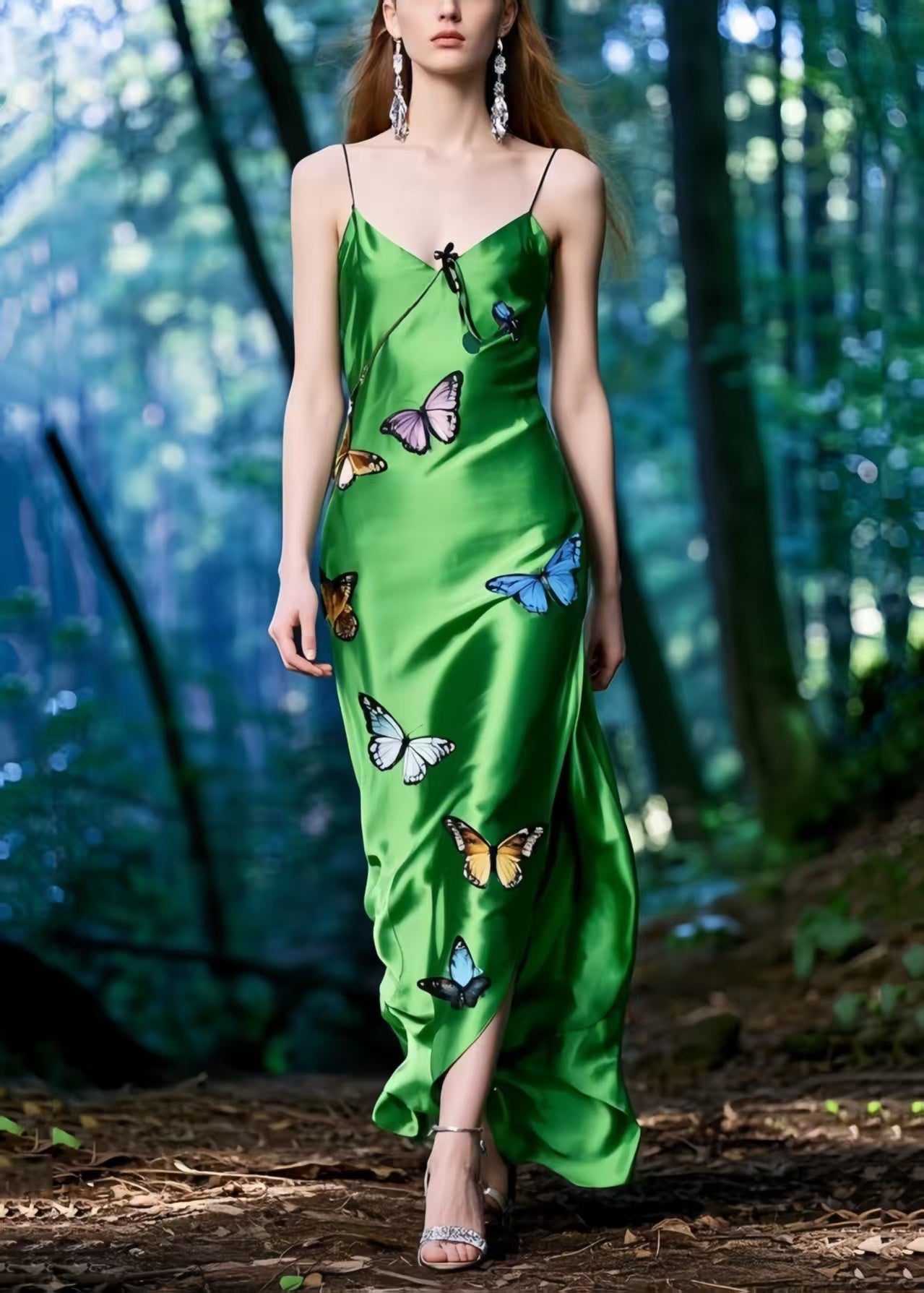 Silm Fit Tea Green Butterfly Side Open Silk Spaghetti Strap Dress Summer