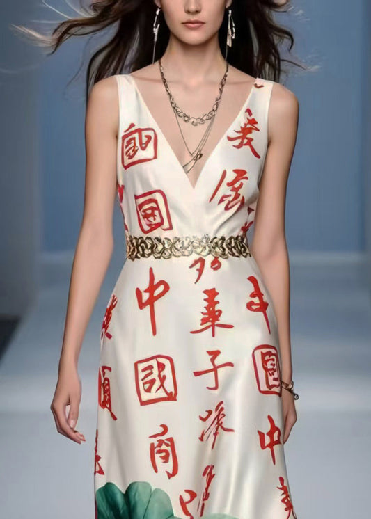 Silm Fit White Cinched Print Silk Long Dress Sleeveless