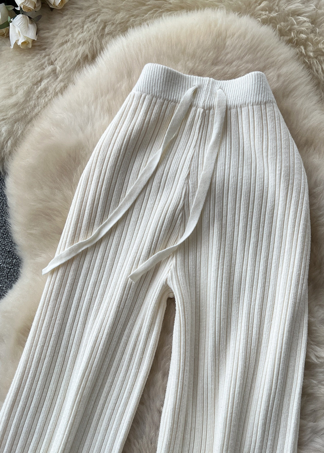 Silm Fit White Elastic Waist Knit Wide Leg Pants Fall