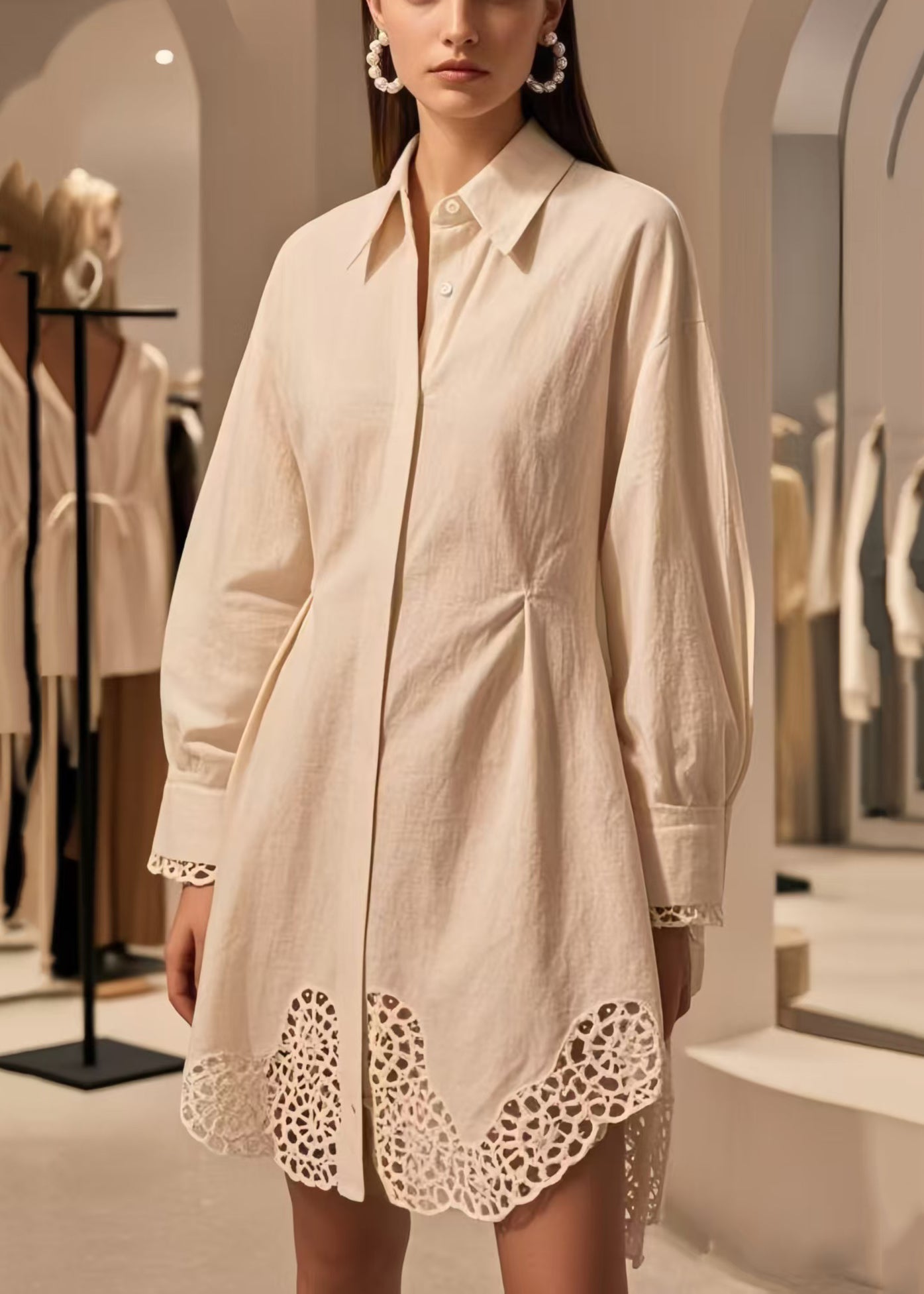 Silm Fit White Hollow Out Cotton Mini Dress Spring