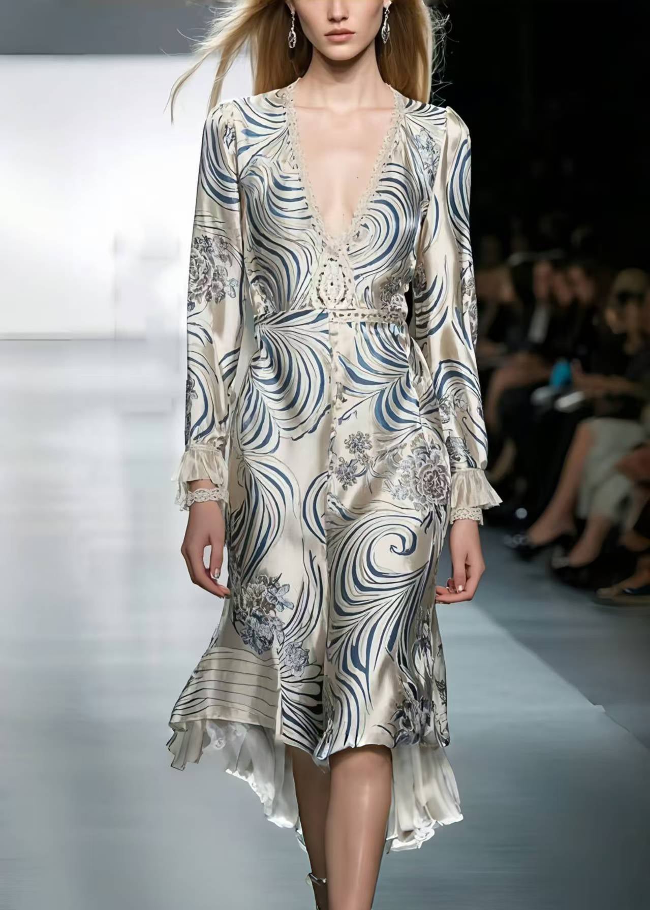 Silm Fit White V Neck Print Silk Long Dress Spring