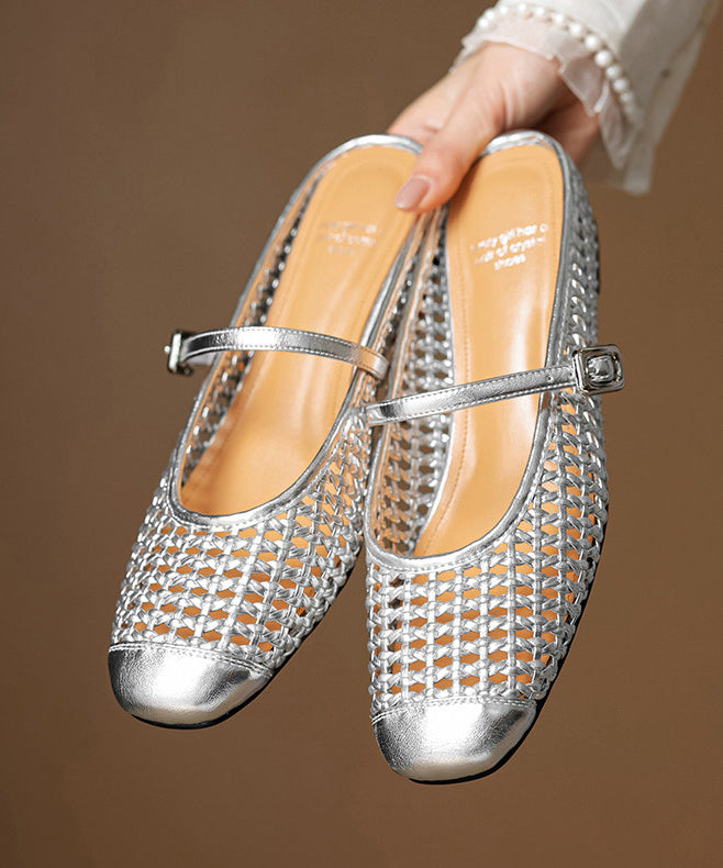 Silver Hollow Out Splicing Slide Sandals Cowhide Leather