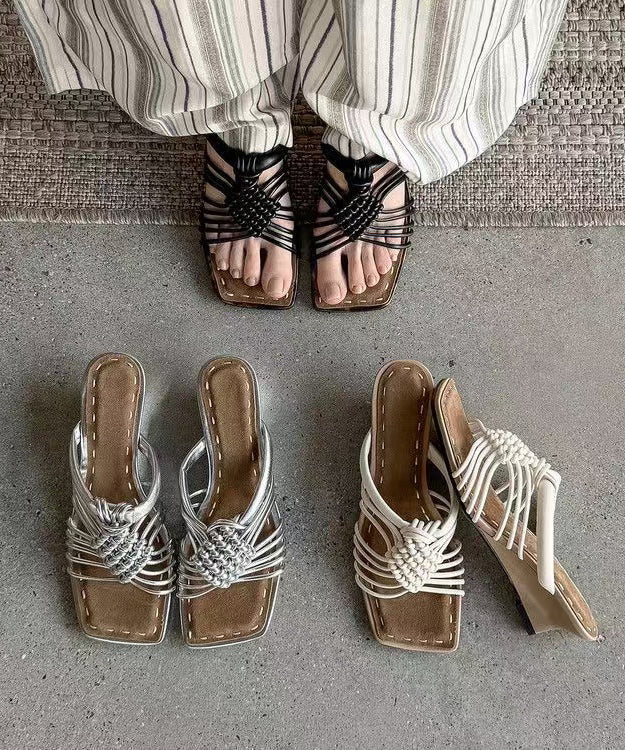 Silvery Wedge Cowhide Leather Women Thong Sandals