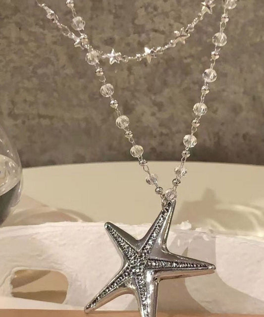 Simple Alloy Zircon Star Double Layer Beading Pendant Necklace