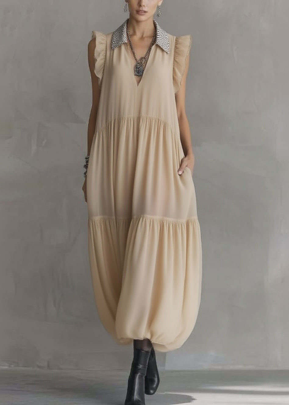 Simple Apricot Peter Pan Collar Wrinkled Solid Chiffon Maxi Dresses Summer
