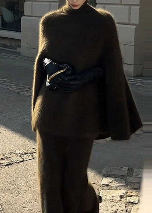 Simple Army Green Turtleneck Knit Sweater And Skirts Two Pieces Set Cloak Sleeves