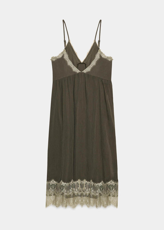 Simple Army Green V Neck Patchwork Lace Spaghetti Strap Dress Summer