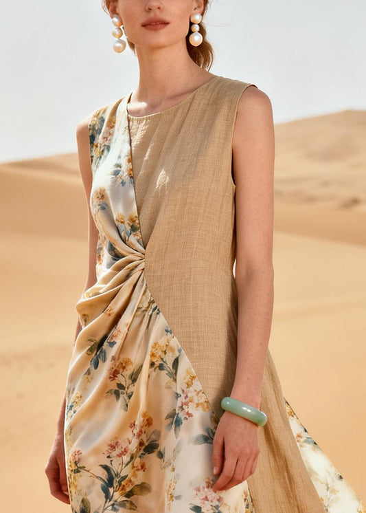 Simple Beige Asymmetrical Patchwork Linen Silk Dresses Summer