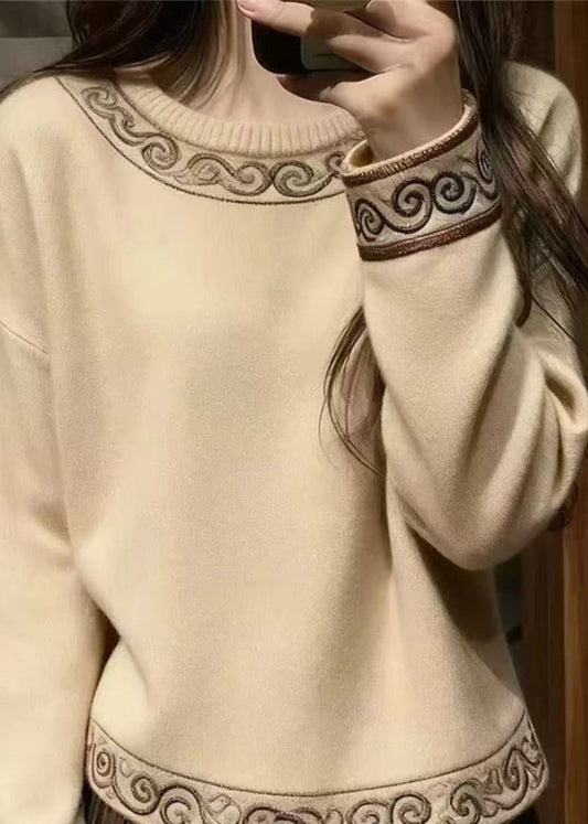 Simple Beige Embroidered Thick Knit Sweaters Winter