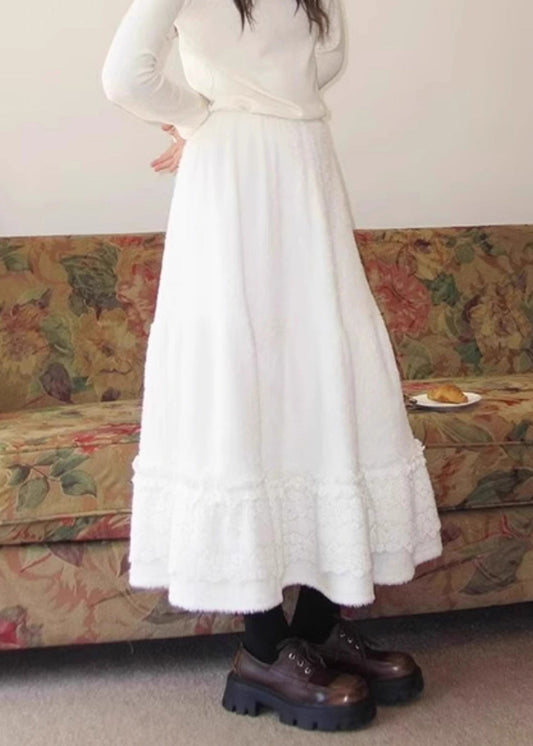 Simple Beige Lace Patchwork Elastic Waist Fluffy Skirt Winter