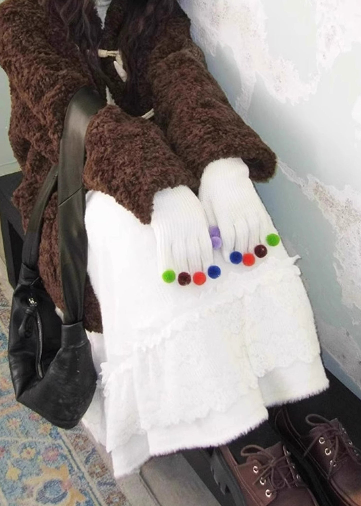 Simple Beige Lace Patchwork Elastic Waist Fluffy Skirt Winter