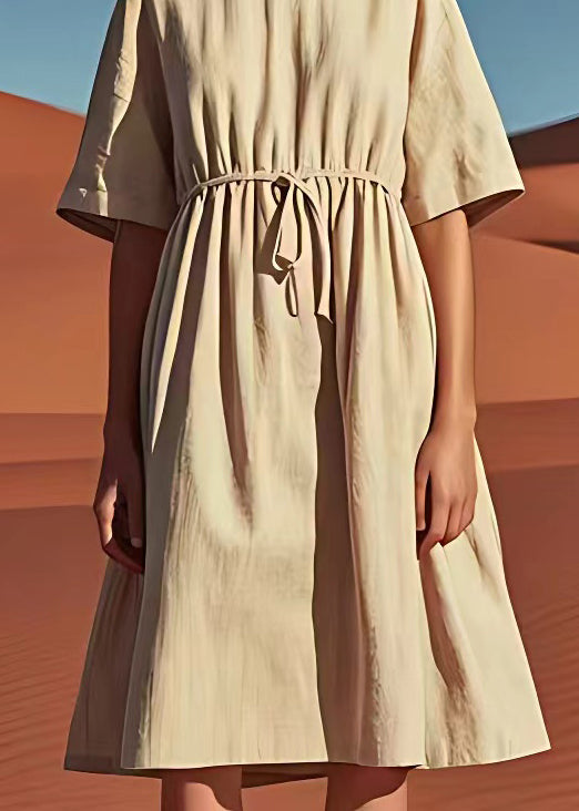 Simple Beige O Neck Drawstring Linen Mid Dress Summer