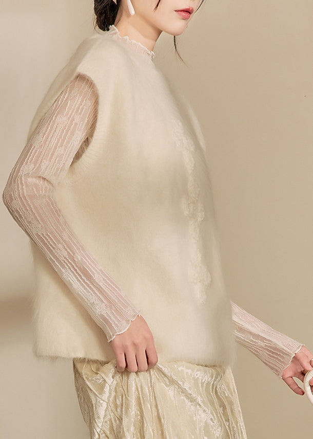 Simple Beige O-Neck Floral Cozy Cotton Knit Waistcoat Spring