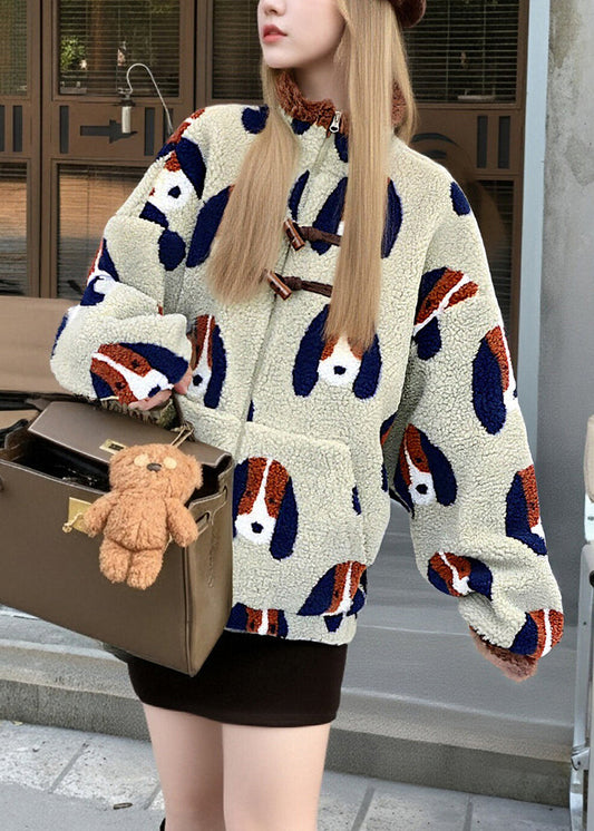 Simple Beige Oversized Jacquard Fuzzy Fur Fluffy Teddy Coats Winter