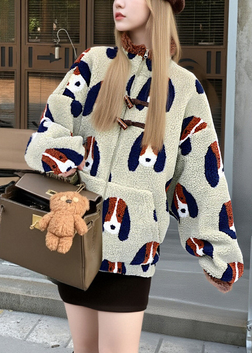 Simple Beige Oversized Jacquard Fuzzy Fur Fluffy Teddy Coats Winter
