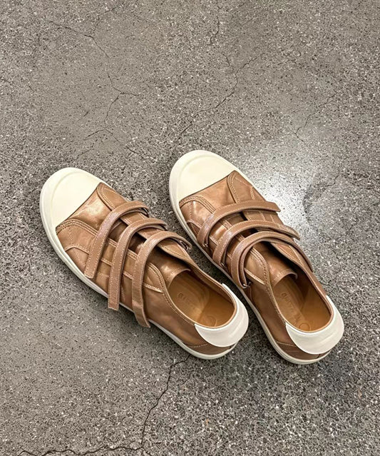 Simple Beige Round Toe Velcro Strap Faux Leather Flat Sneakers