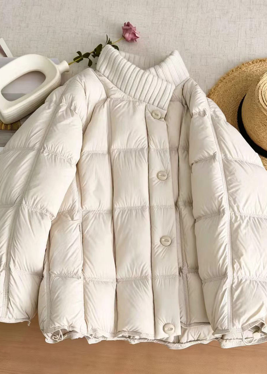 Simple Beige White Stand Collar Knit Fine Cotton Filled Puffer Jacket Winter