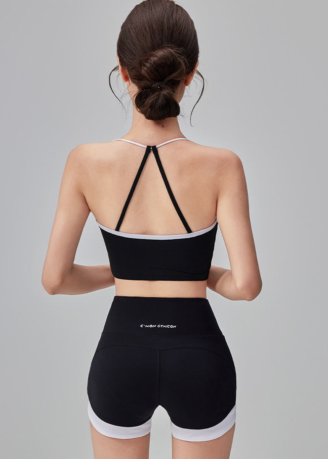 Simple Black Backless Patchwork Gymshark Sports Bra Two Piece Set