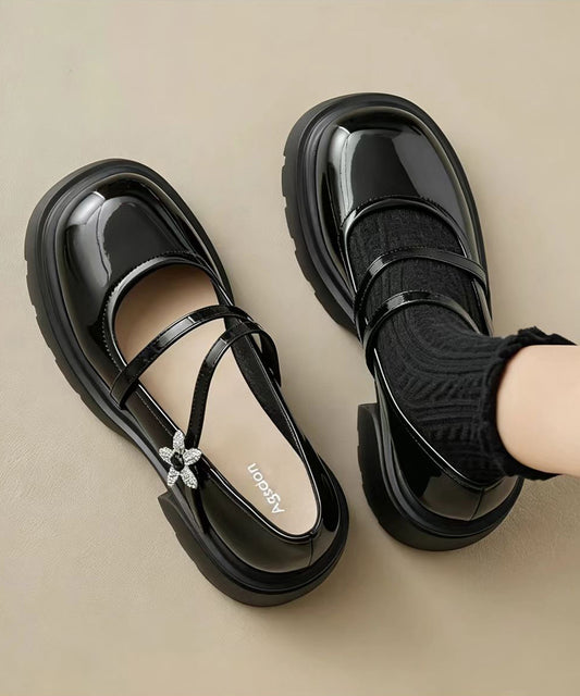 Simple Black Buckle Strap Floral Rhinestone Faux Leather Platform Chunky Mary Jane Shoes