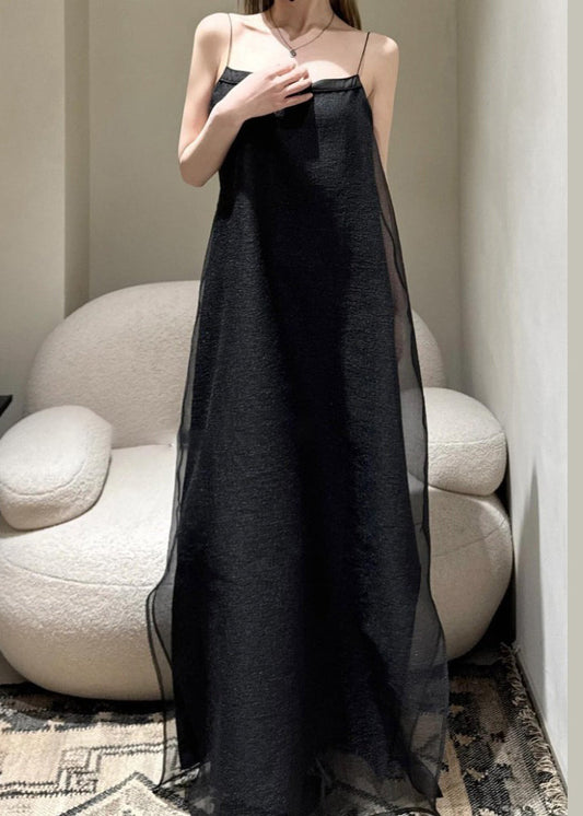 Simple Black Cold Shoulder Solid Tulle Spaghetti Strap Dress Sleeveless