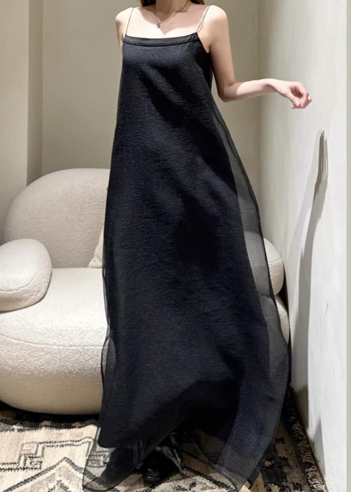 Simple Black Cold Shoulder Solid Tulle Spaghetti Strap Dress Sleeveless
