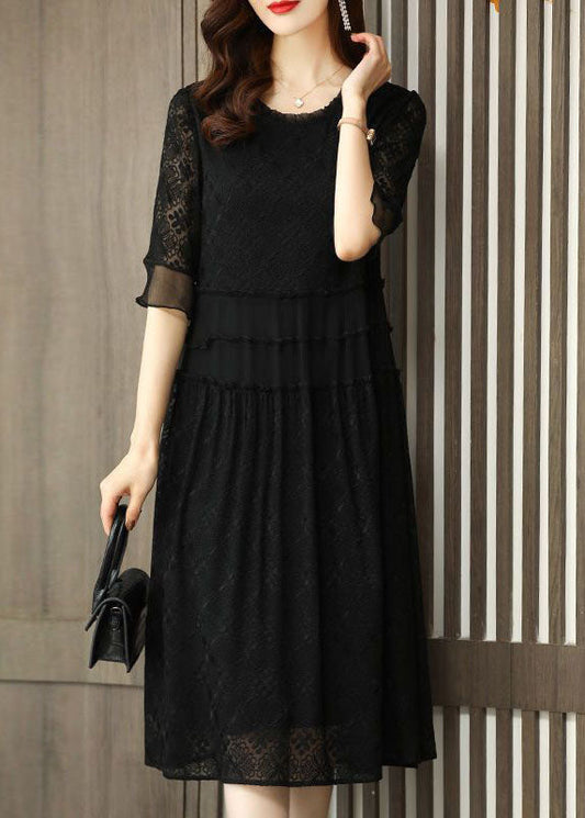 Simple Black O Neck Embroidered Patchwork Chiffon Dresses Half Sleeve
