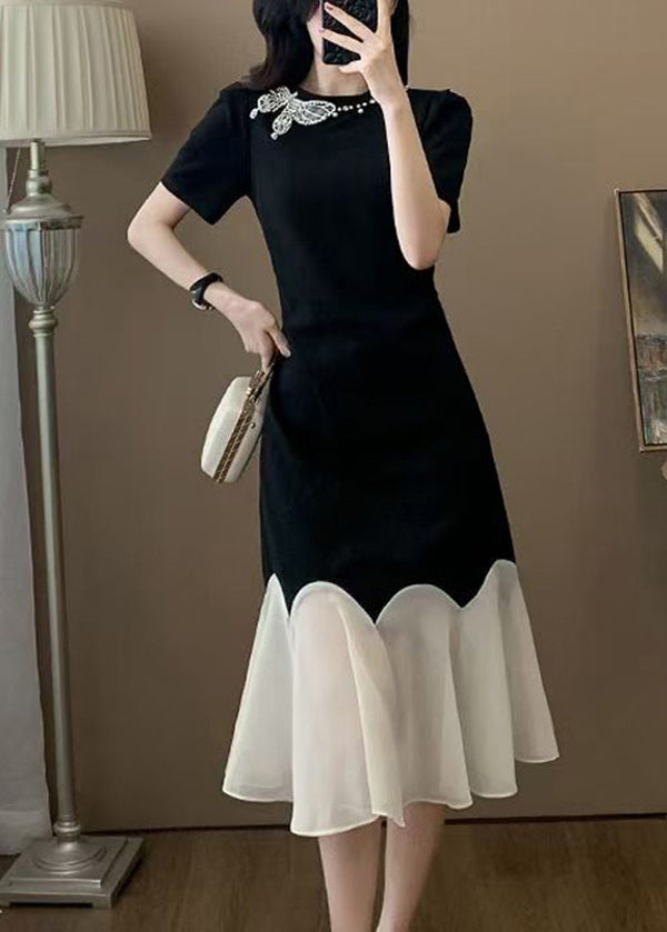 Simple Black O Neck Tulle Patchwork Cotton Dress Summer
