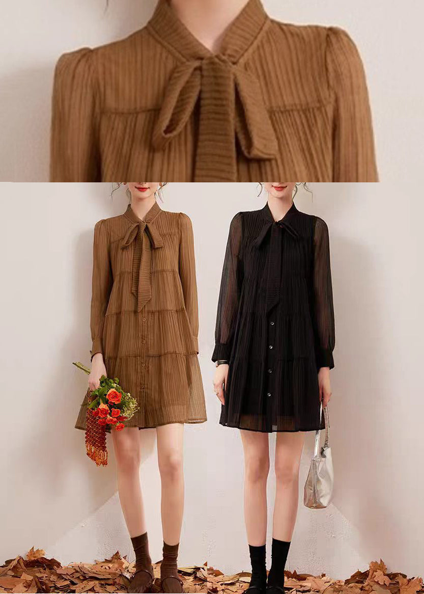 Simple Black Stand Collar Lace Up Bow Wrinkled Vacation Dresses Fall