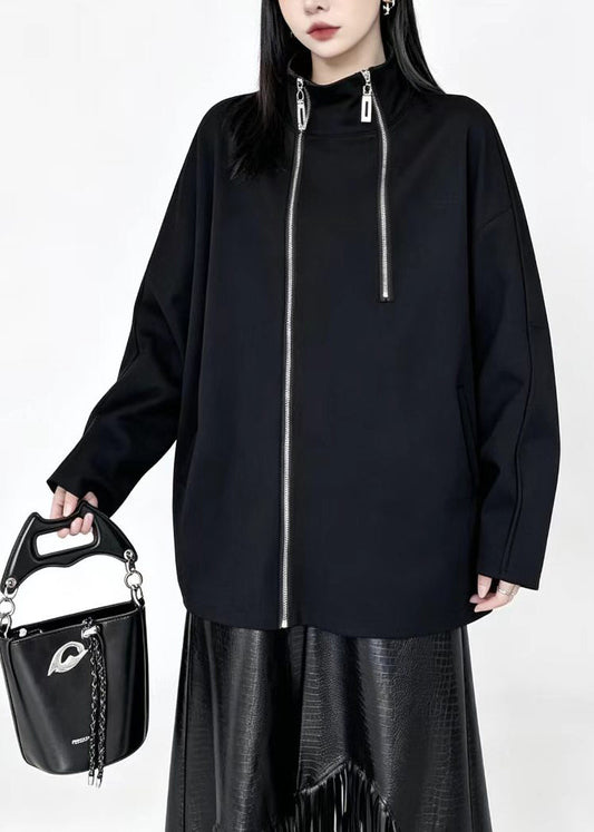 Simple Black Stand Collar Zip Up Oversized Cotton Jacket Batwing Sleeve