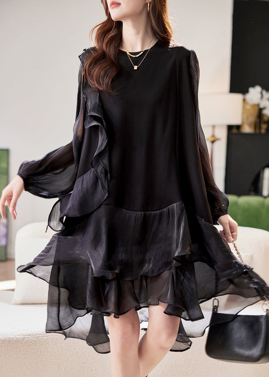 Simple Black Tulle Patchwork Holiday Mid Dress Lantern Sleeve