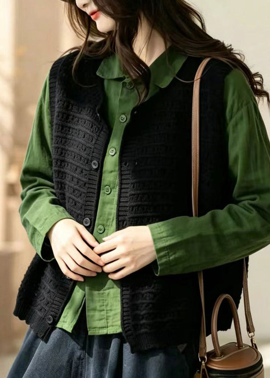 Simple Black V Neck Hollow Out Button Knit Waistcoat Fall