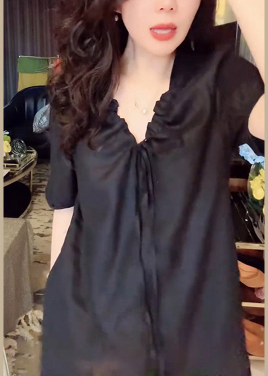 Simple Black V Neck Lace Up Pockets Linen Long Dress Summer