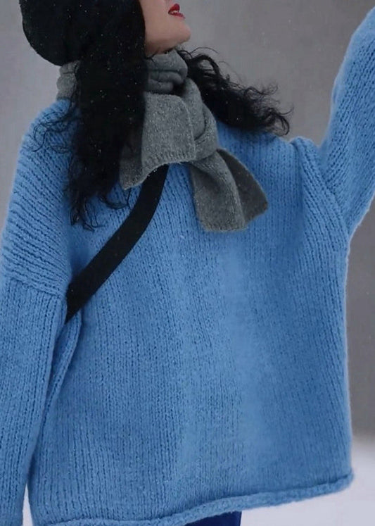 Simple Blue O-Neck Cozy Thick Cotton Knit Sweater Long Sleeve